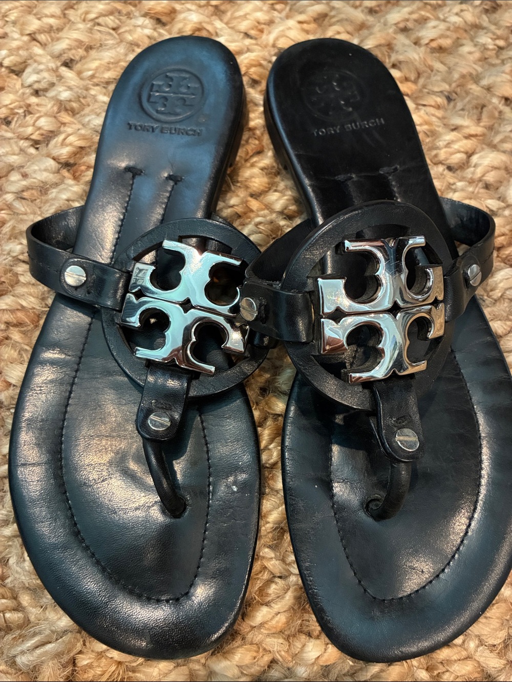 Tory Burch Black Sandals with Silver-Tone Logo Medallions - Picture 6 of 9